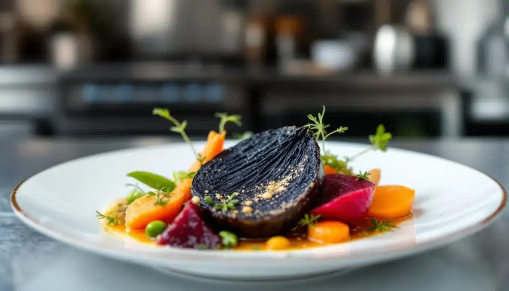 Plat gastronomique de légumes colorés.