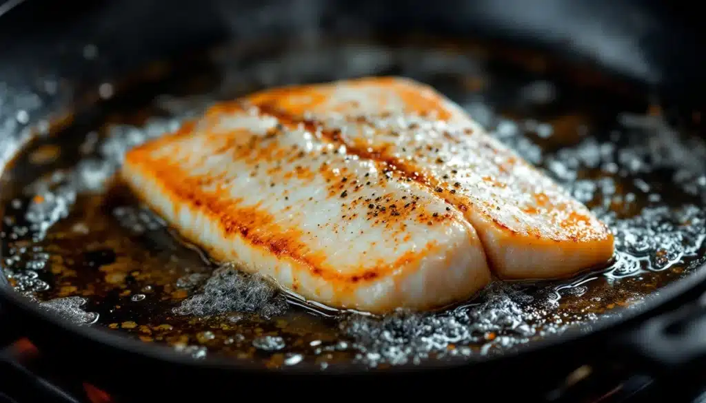 Poisson grillé dans une poêle.