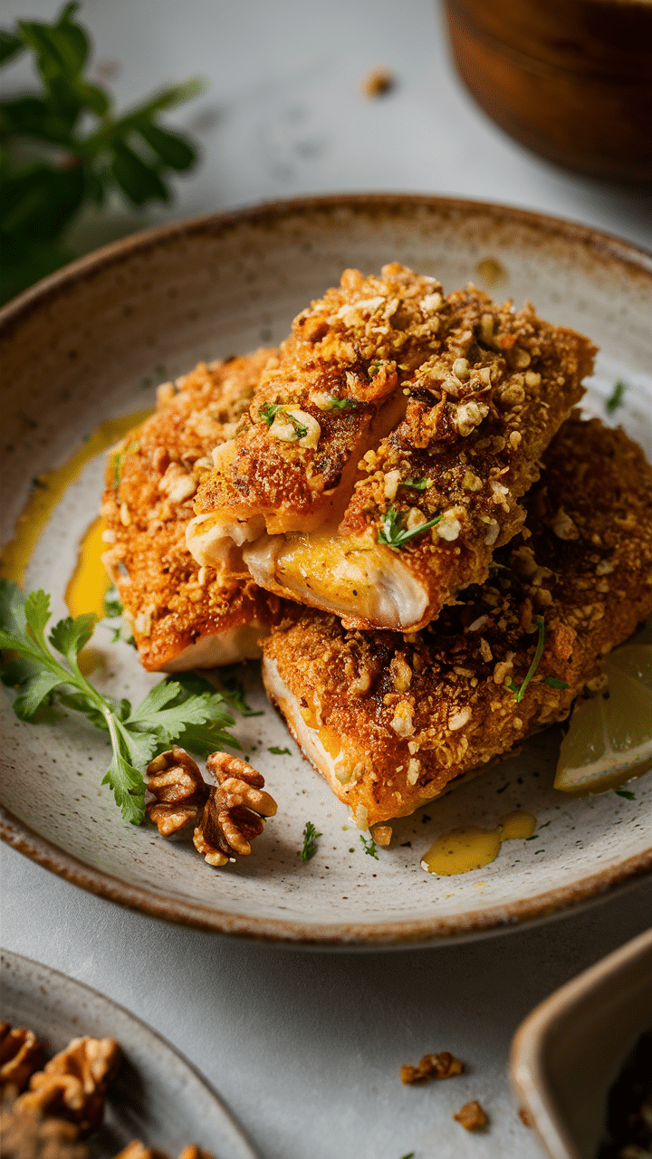 Poulet pané avec noix sur assiette.