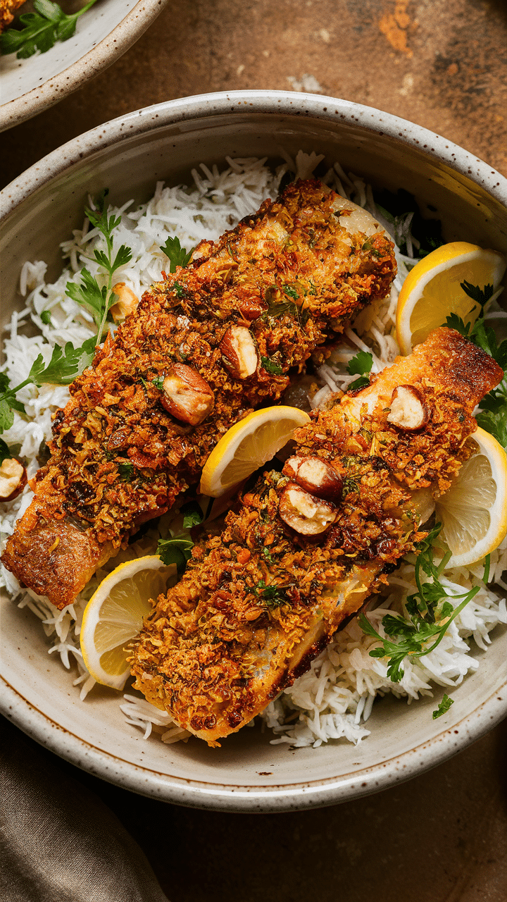 Filets de poisson croquants sur riz avec citron