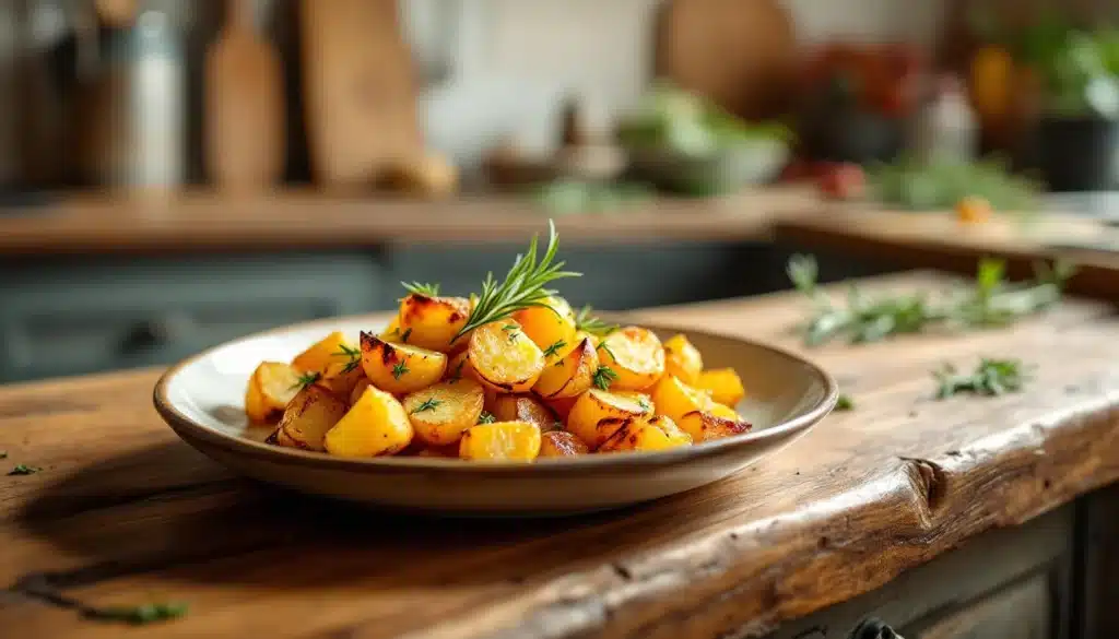 Pommes de terre rôties avec romarin sur assiette.