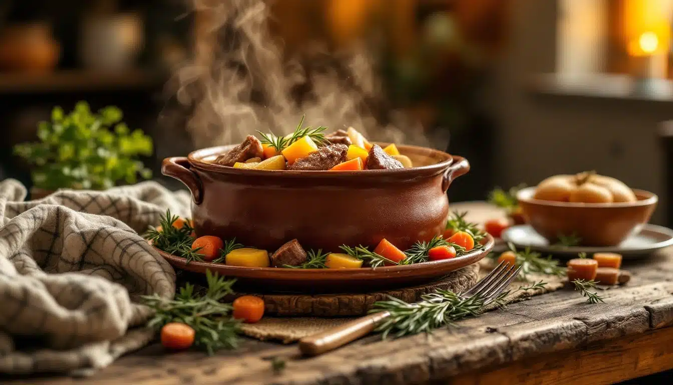 Ragoût fumant dans une cocotte sur une table rustique.