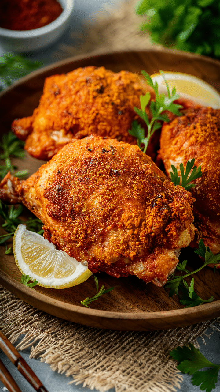 Poulet grillé croustillant avec citron sur assiette.