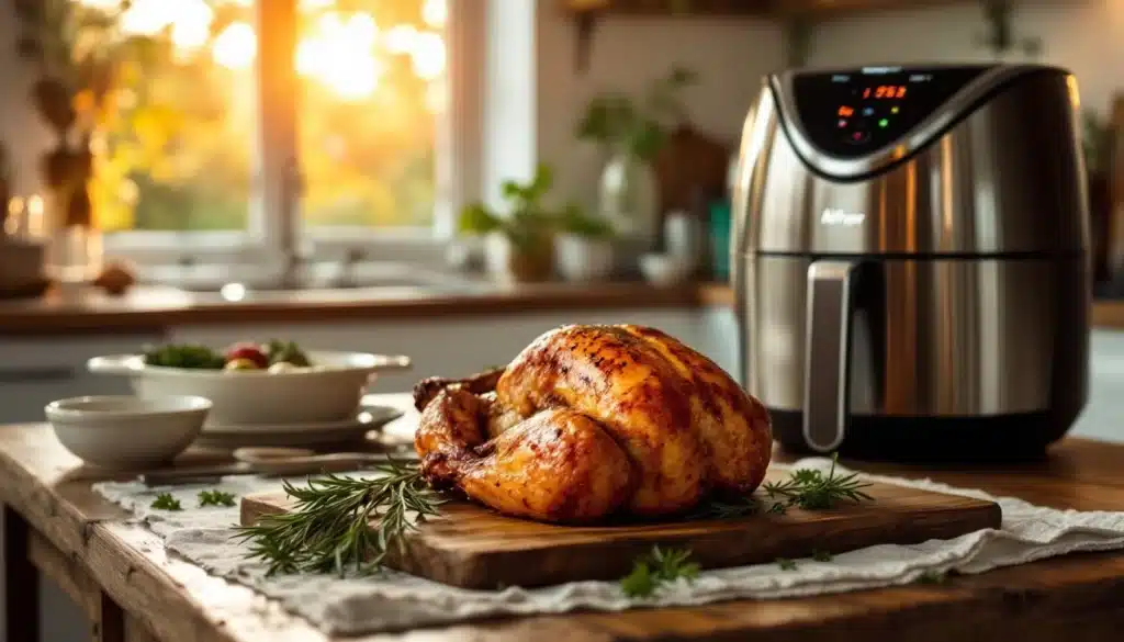 Poulet rôti avec friteuse à air, cuisine rustique.