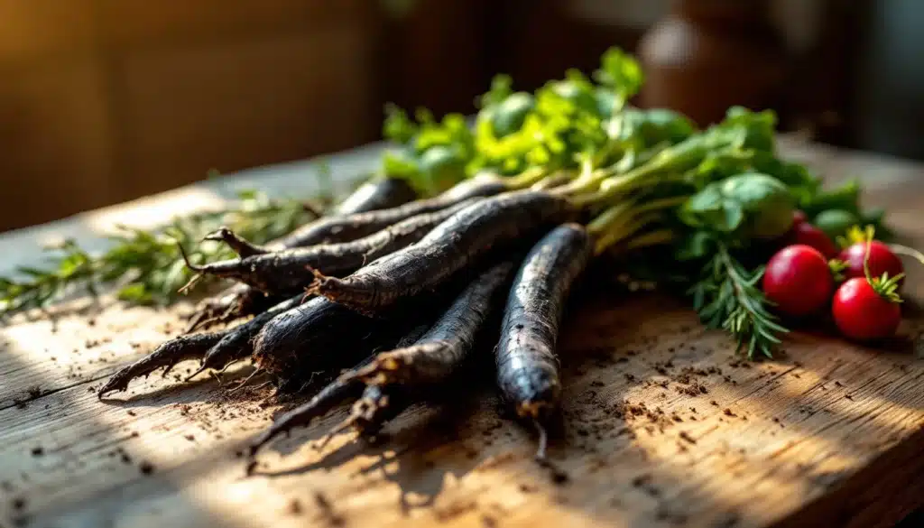 Carottes noires et légumes sur planche bois