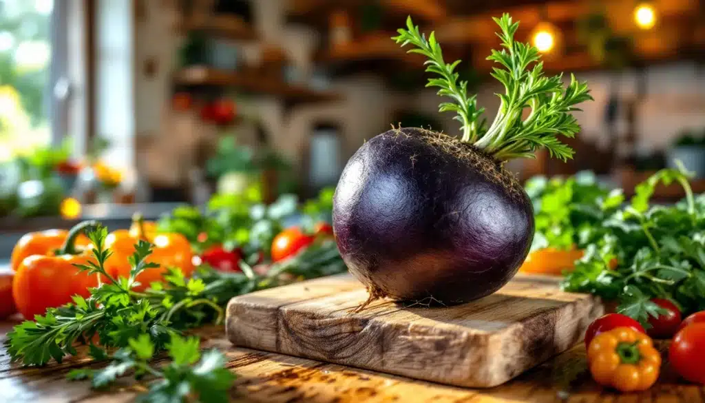 Navet violet sur planche, légumes en arrière-plan.