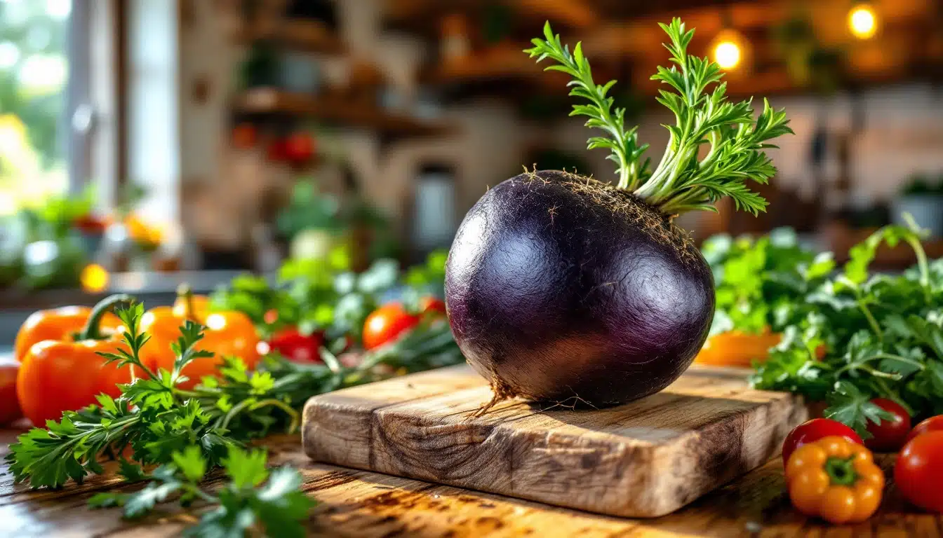 Navet violet sur planche, légumes en arrière-plan.