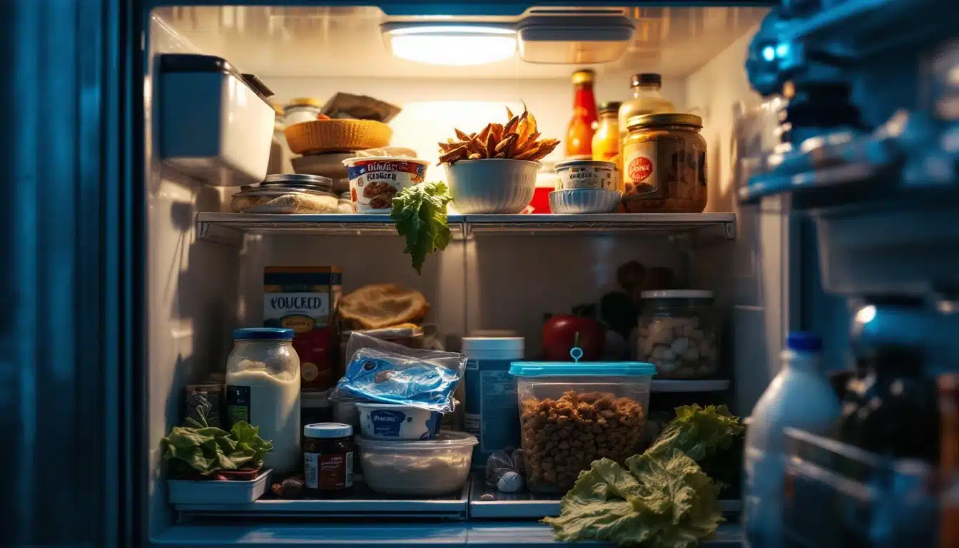 Réfrigérateur plein de divers aliments.