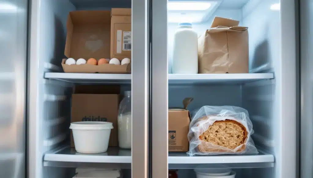 Intérieur d'un réfrigérateur avec aliments emballés.