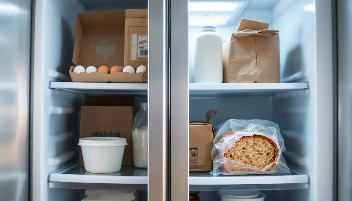 Intérieur d'un réfrigérateur avec aliments emballés.
