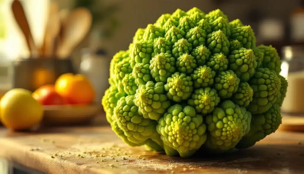 Chou romanesco sur une table de cuisine.