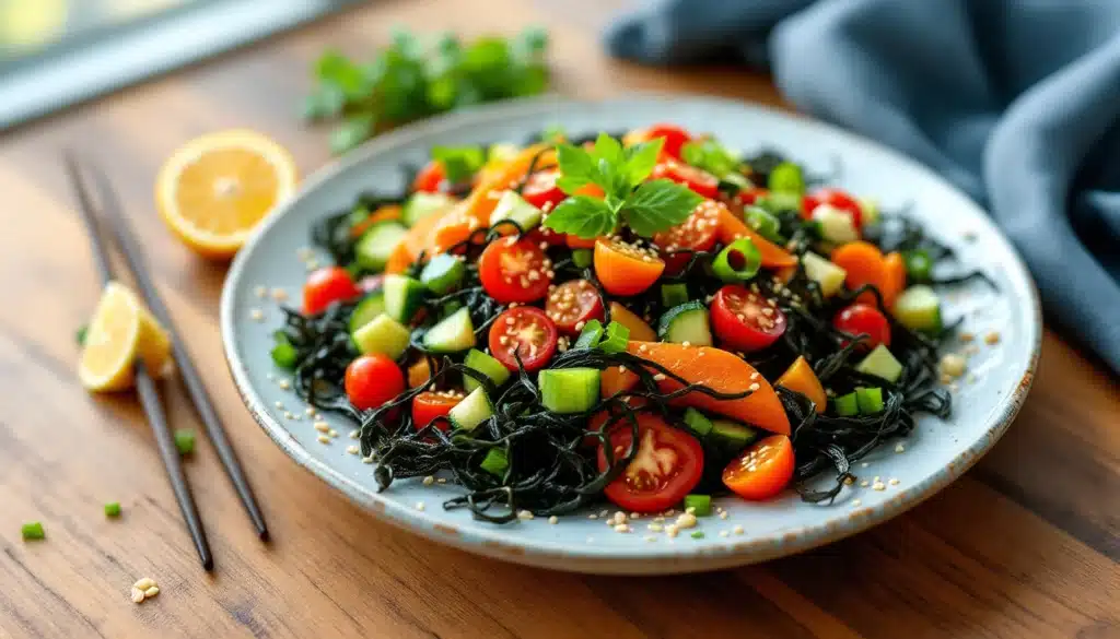 Salade colorée aux algues et légumes frais.