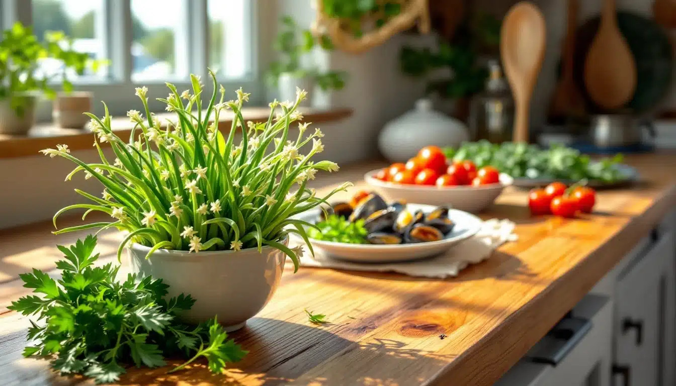 Plantes et légumes frais sur table de cuisine.