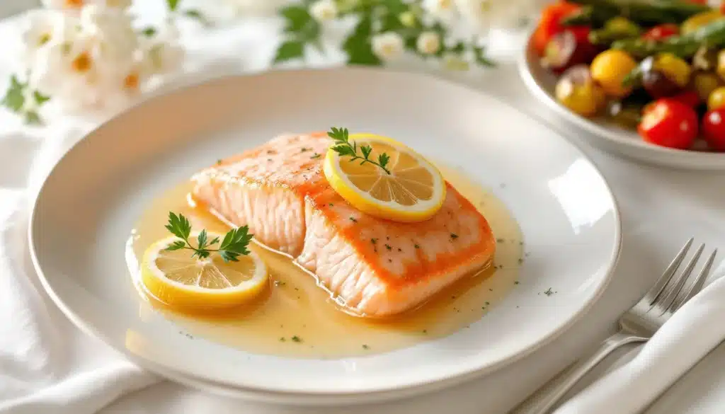 Saumon au citron sur assiette blanche