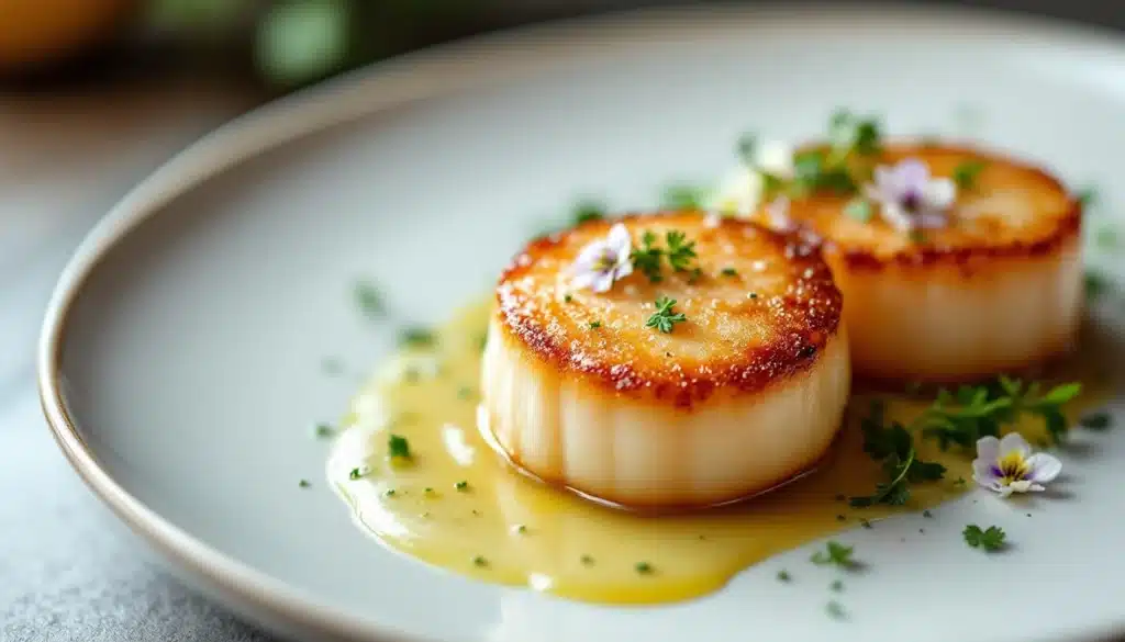 Noix de Saint-Jacques poêlées avec sauce et herbes