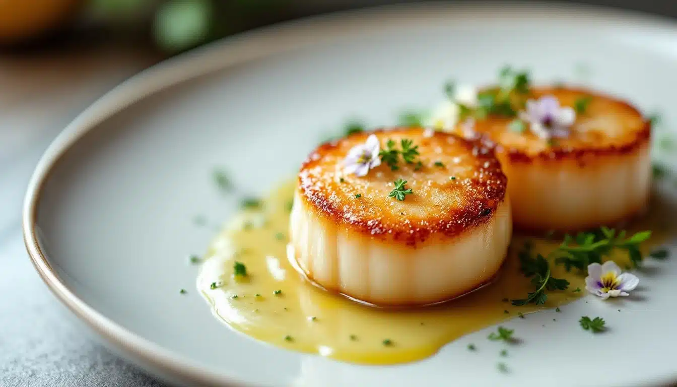 Noix de Saint-Jacques poêlées avec sauce et herbes
