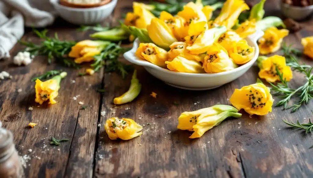 Fleurs de courgettes farcies sur table en bois rustique.
