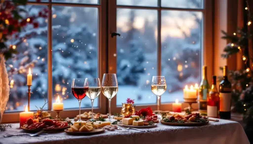 Table de fête avec vin et fromage hiver