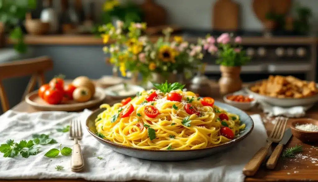 Assiette pâtes fraîches tomates cerises cuisine rustique.