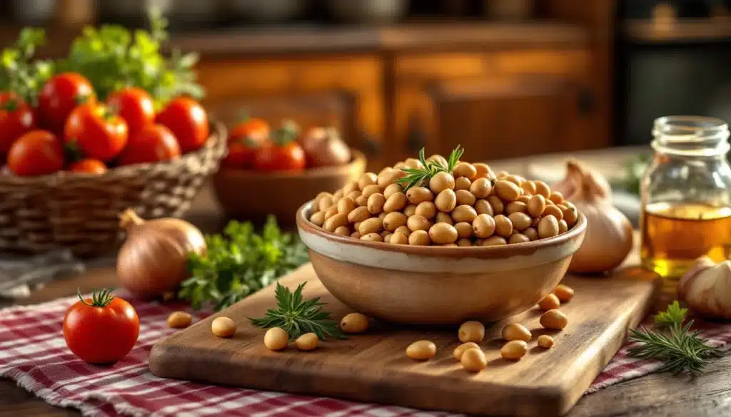 Bol de pois chiches avec tomates et herbes fraîches.