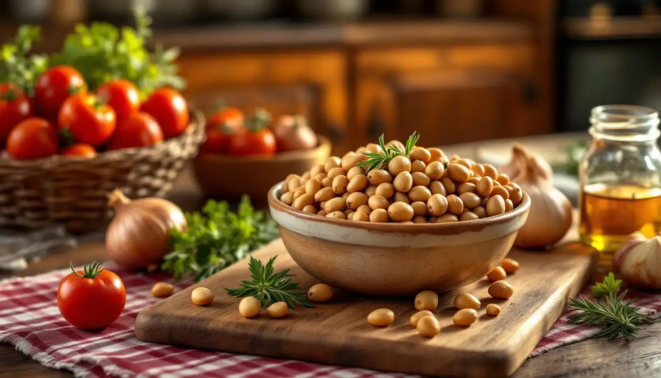 Bol de pois chiches avec tomates et herbes fraîches.