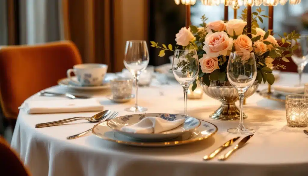 Table élégante avec roses et vaisselle raffinée.