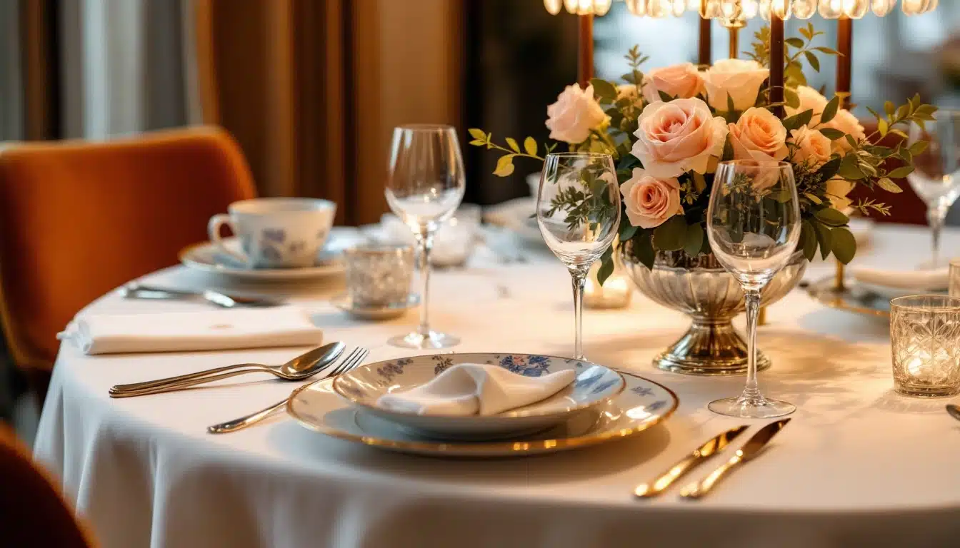 Table élégante avec roses et vaisselle raffinée.