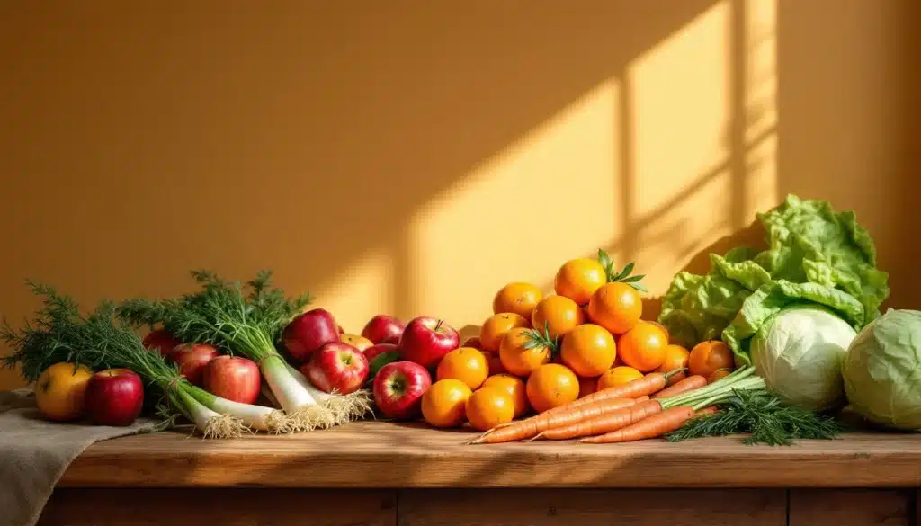 Fruits et légumes frais sur table ensoleillée.