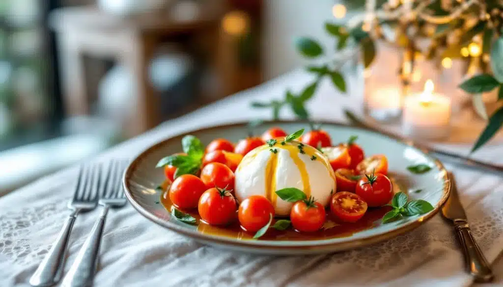 Salade caprese avec mozzarella et tomates cerises.