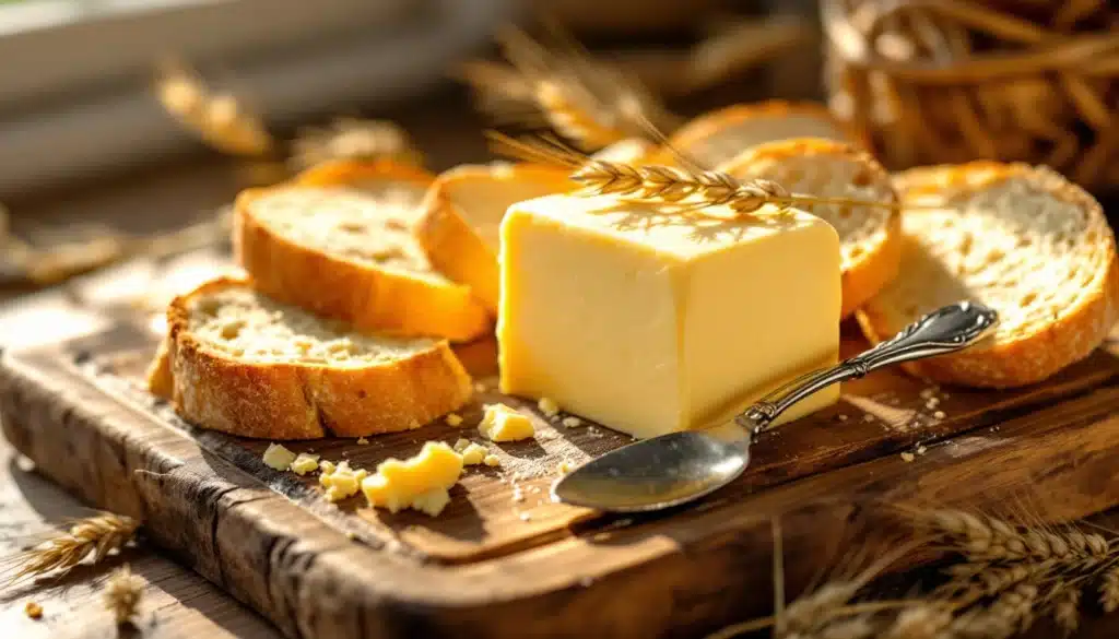 Beurre et tranches de pain sur une planche.