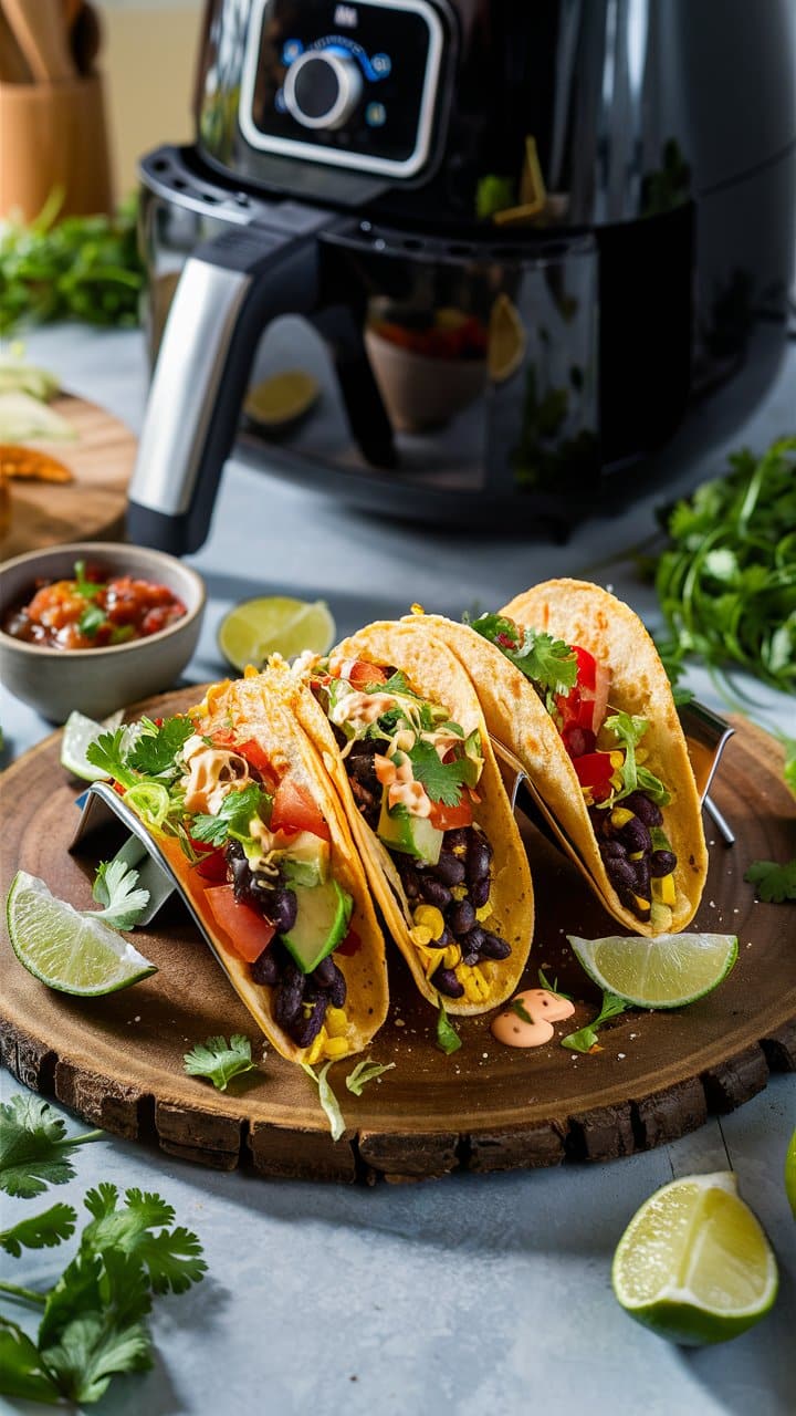 Tacos végétariens devant une friteuse à air.
