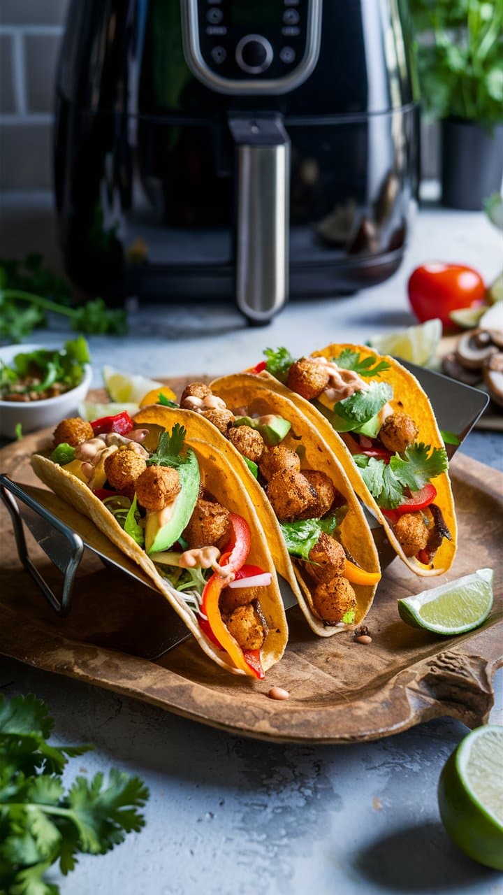 Tacos végétariens avec avocat et poivrons devant airfryer.