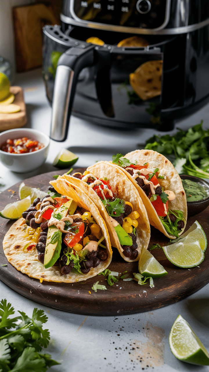 Tacos garnis avec avocats et haricots noirs.