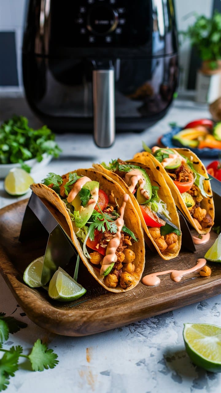 Tacos végétariens garnis de légumes frais et sauce.