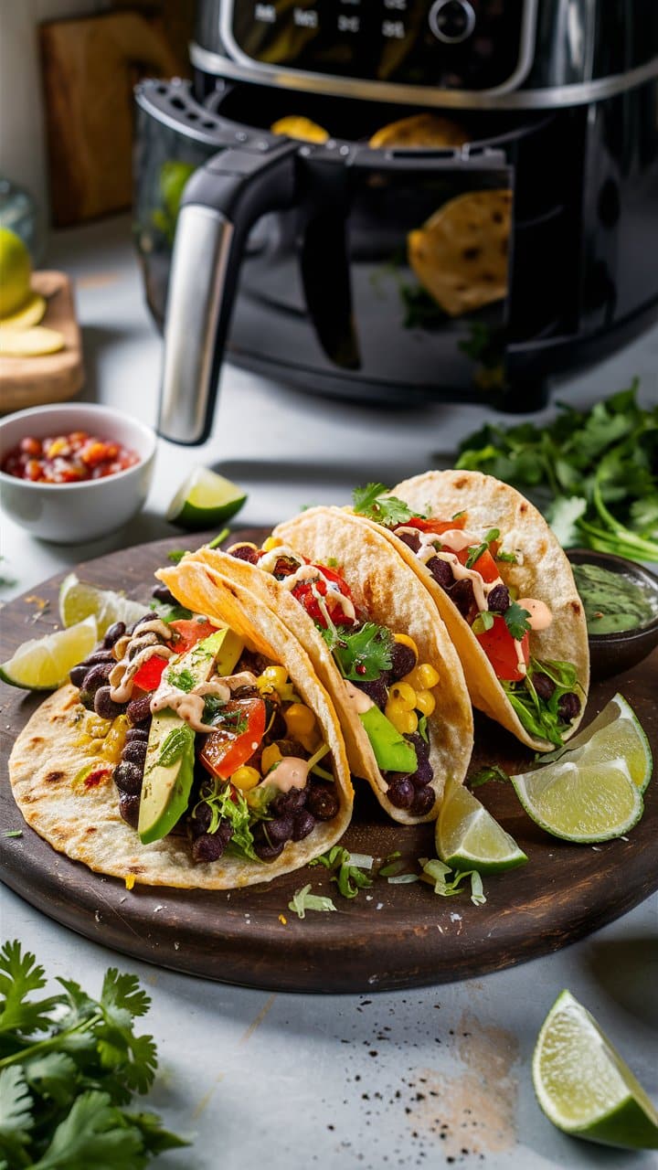 Tacos végétariens colorés avec avocat et citron vert.