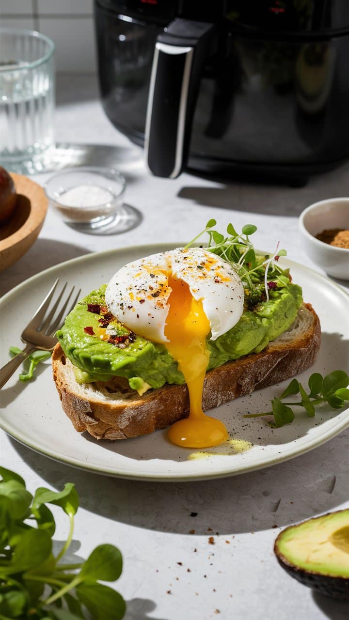 Toast à l'avocat avec œuf poché coulant.