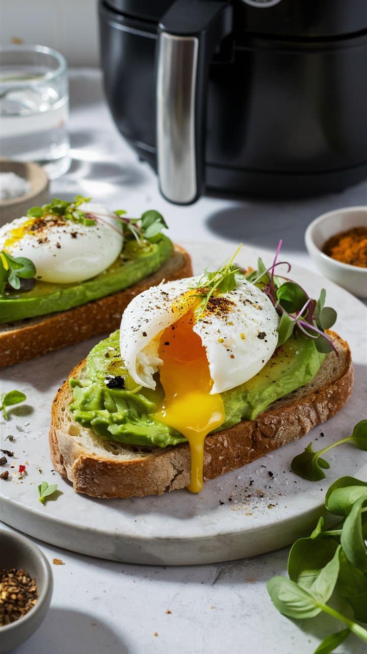 Toast avocat œuf poché coulant magnifique et savoureux.