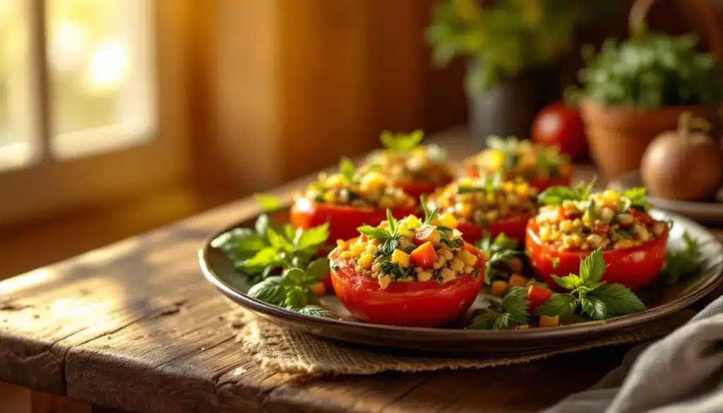 Tomates farcies avec légumes sur une table en bois.