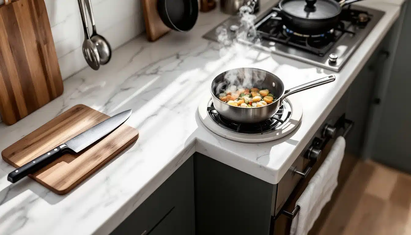 Cuisine moderne avec légumes cuisant sur la plaque.