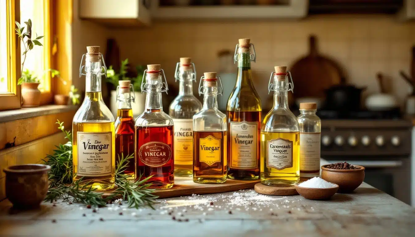 Bouteilles de vinaigre sur une table en cuisine.