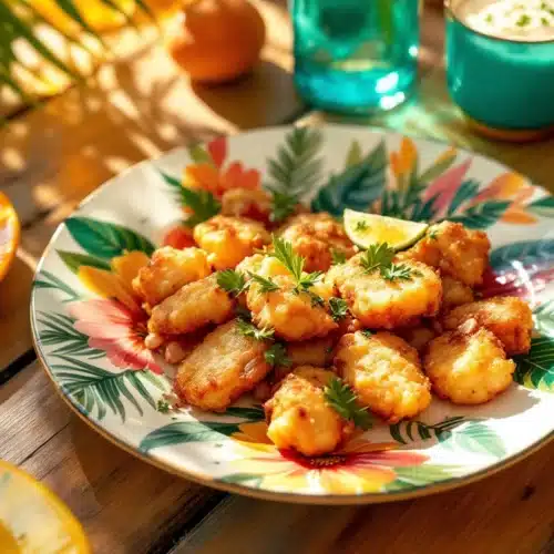Assiette de beignets sur table ensoleillée.
