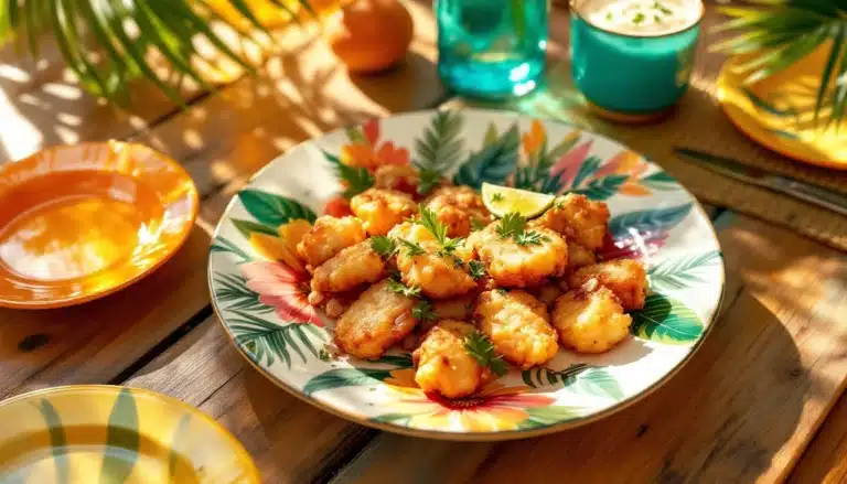 Assiette de beignets sur table ensoleillée.