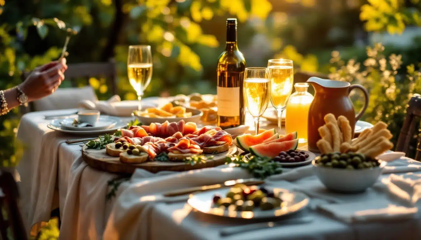Table estivale avec fruits et boissons en extérieur.