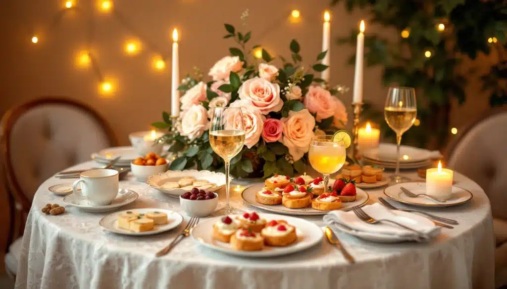 Table élégante avec fleurs et desserts raffinés.