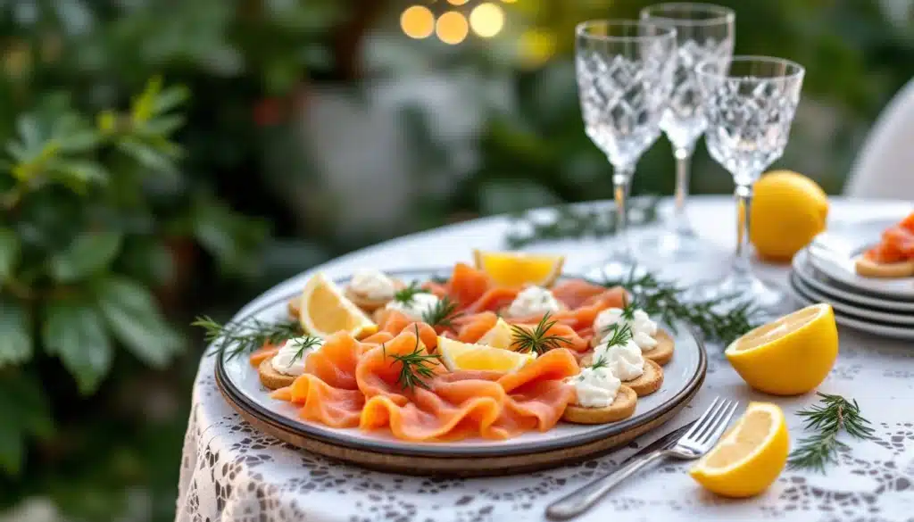 Plateau saumon fumé, citron, herbes, table dressée.