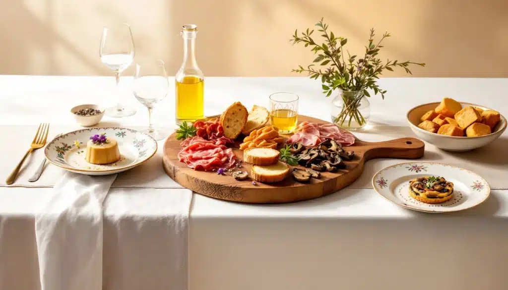 Table avec apéritifs, huile d'olive, et fleurs décoratives.
