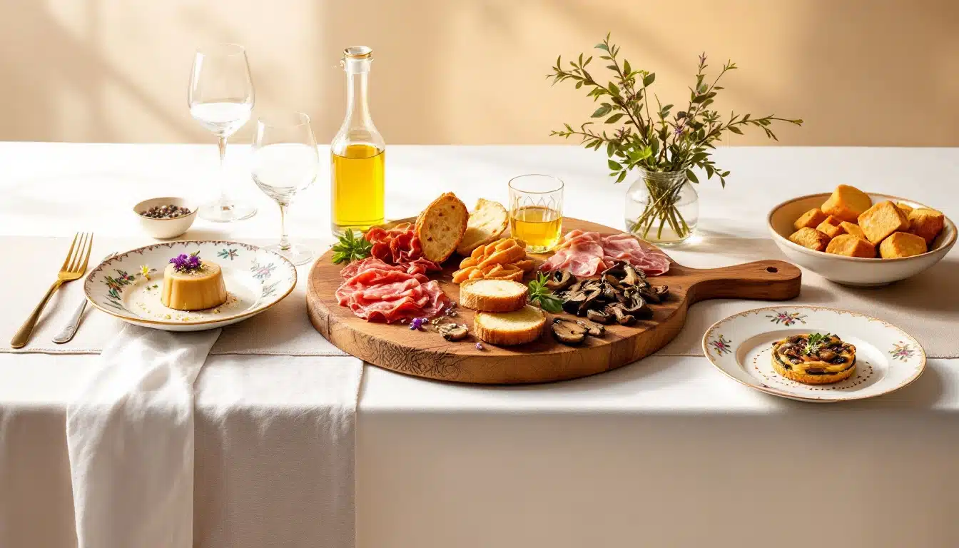 Table avec apéritifs, huile d'olive, et fleurs décoratives.