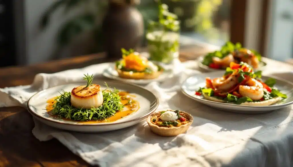 Plats gourmands, dressage élégant sur table ensoleillée.