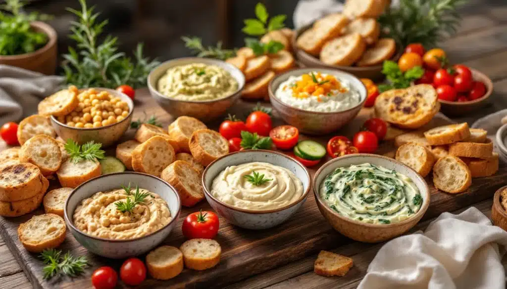 Assortiment de houmous et pains sur table.