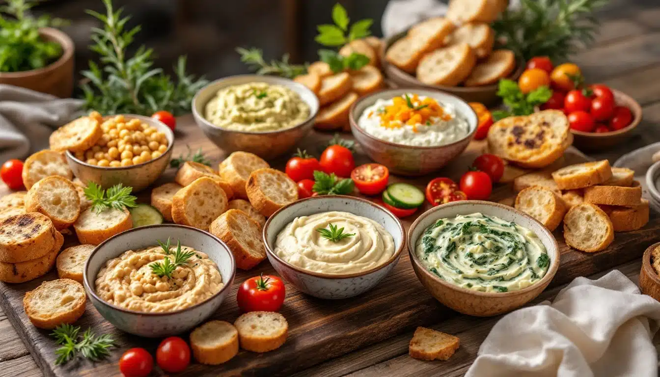 Assortiment de houmous et pains sur table.